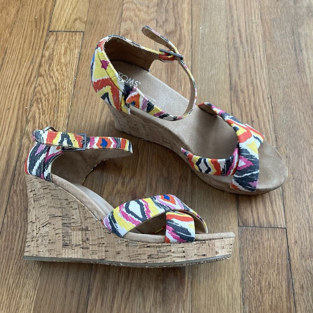Tom’s Ikat Print Sienna Cork Wedge Sandals 9.5 Colorful Boho Hippie